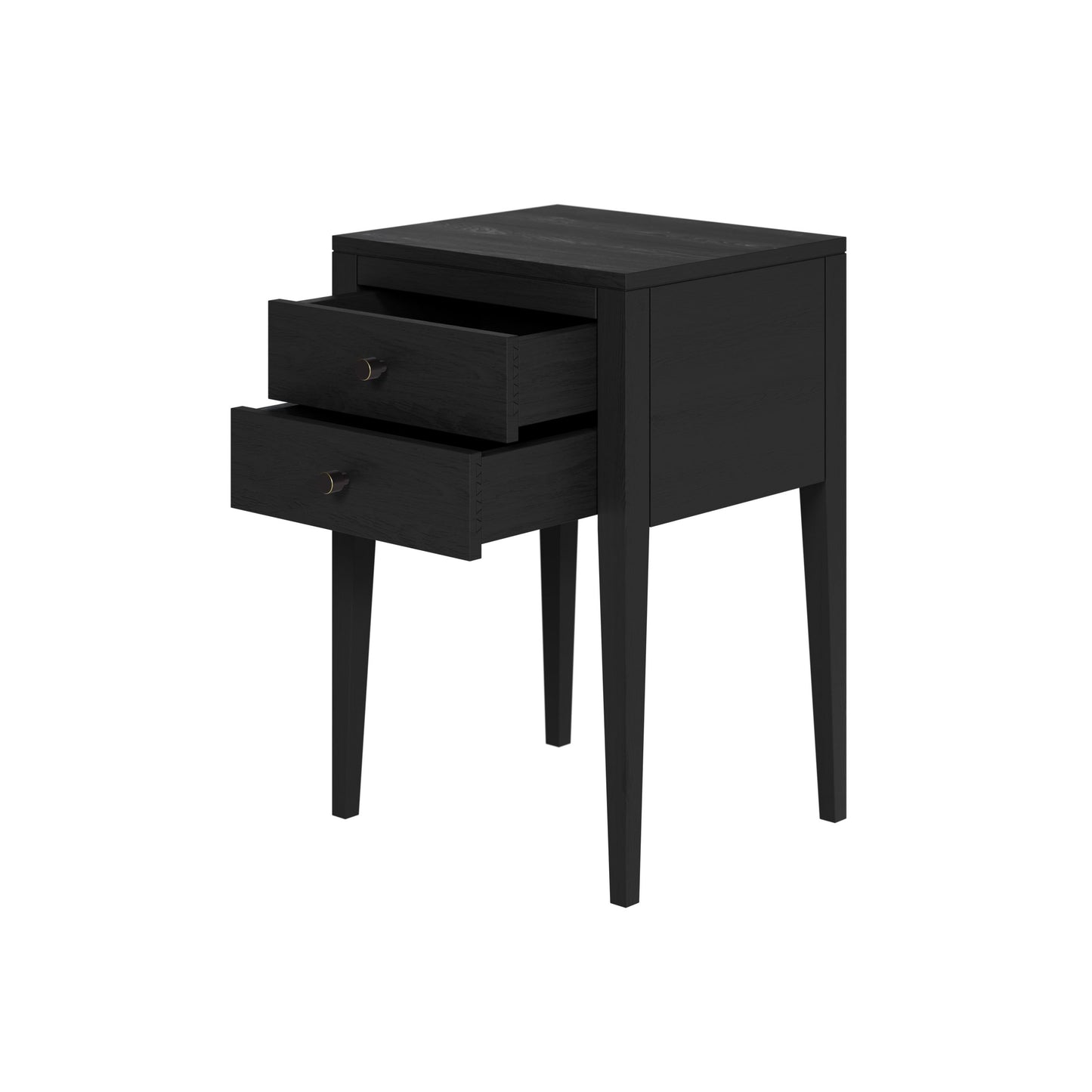 Shop the Radford Bedside Table in black solid oak with visible grain and two drawers by D.I. Designs. Shop online today at www.nobleandnook.co.uk