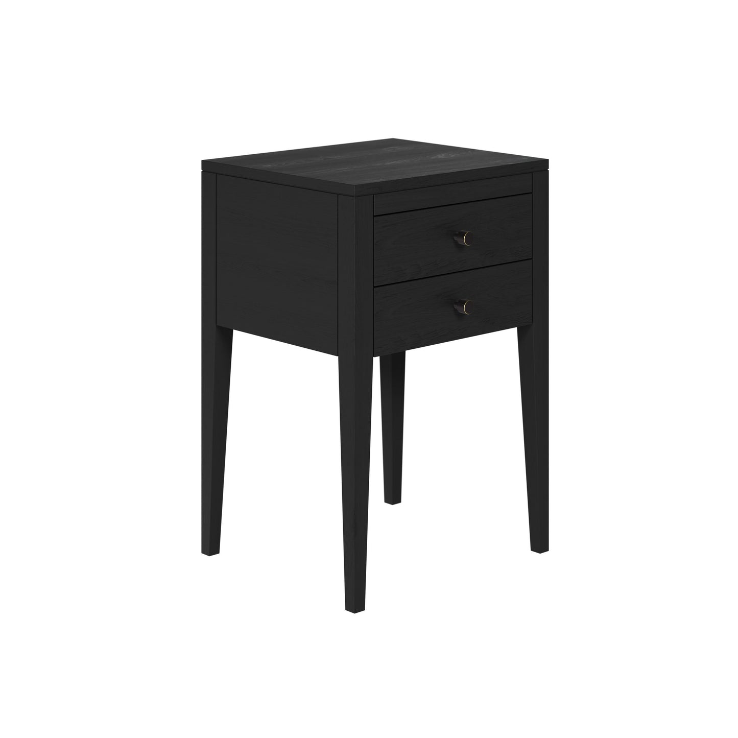 Shop the Radford Bedside Table in black solid oak with visible grain and two drawers by D.I. Designs. Shop online today at www.nobleandnook.co.uk