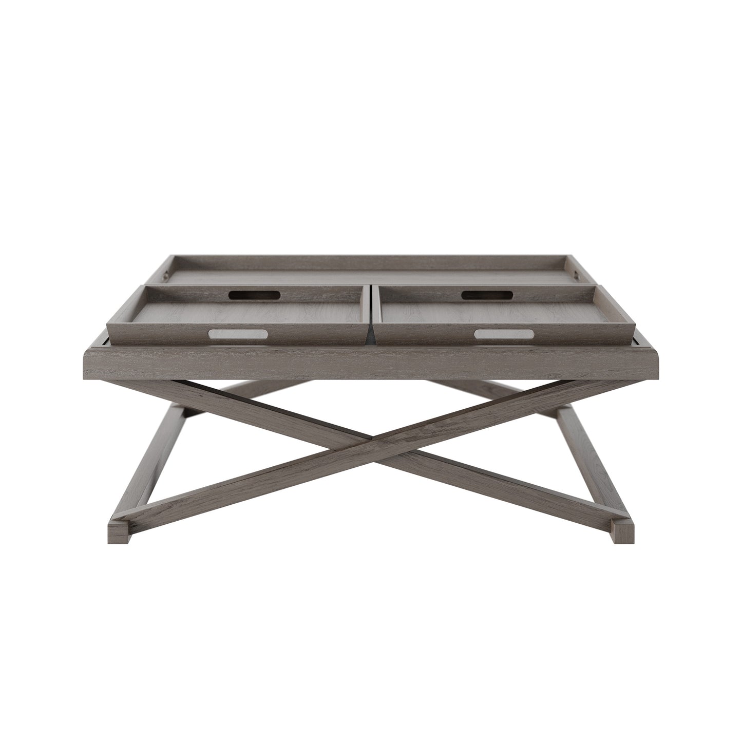 Experience luxury living with the sophisticated Bentley Coffee Table in grey aged oak and oak veneer. Featuring three removable trays and stylish crossed legs. Available at www.nobleandnook.co.uk