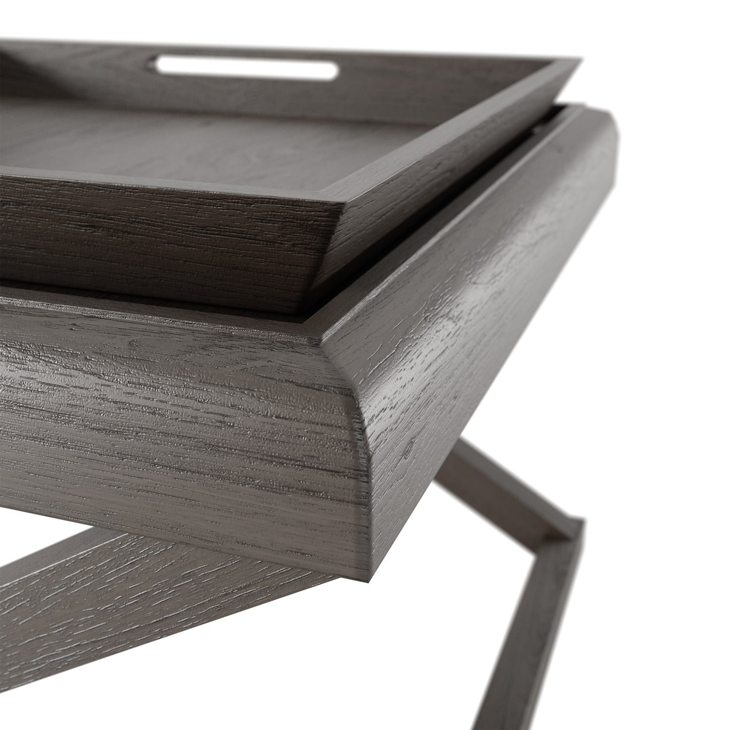 Crafted with precision, the Bentley End Table features a sleek grey aged oak and oak veneer design. Its crossed legs add a touch of modern elegance while the removable tray offers convenience. The visible grain adds character to this luxurious addition to any room. Available at www.nobleandnook.co.uk