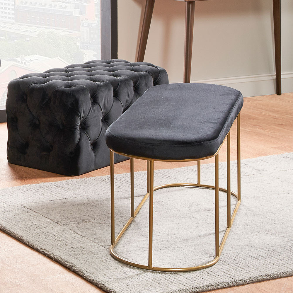 Featuring luxurious Black velvet and a sleek champagne gold metal frame, the this bench is a refined and useful addition to any space. FREE UK MAINLAND DELIVERY on orders over £100. Shop online now at www.nobleandnook.co.uk