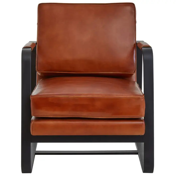 This Buffalo Tan Leather Armchair features genuine tan leather upholstery and a sleek black iron frame, offering both comfort and durability. Free UK Mainland Delivery. Shop online today at www.nobleandnook.co.uk