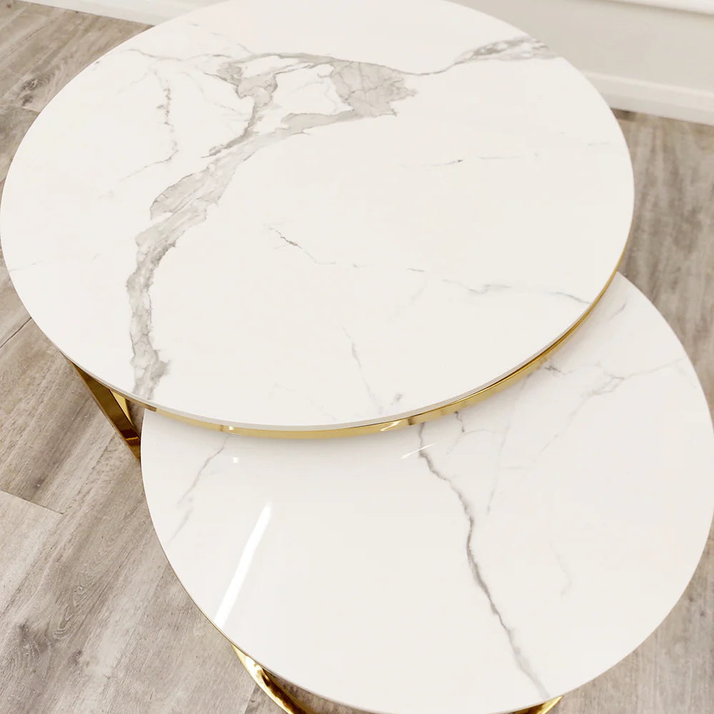 Nest of Two Gold Round Coffee Tables with Polar White Sintered Stone Tops