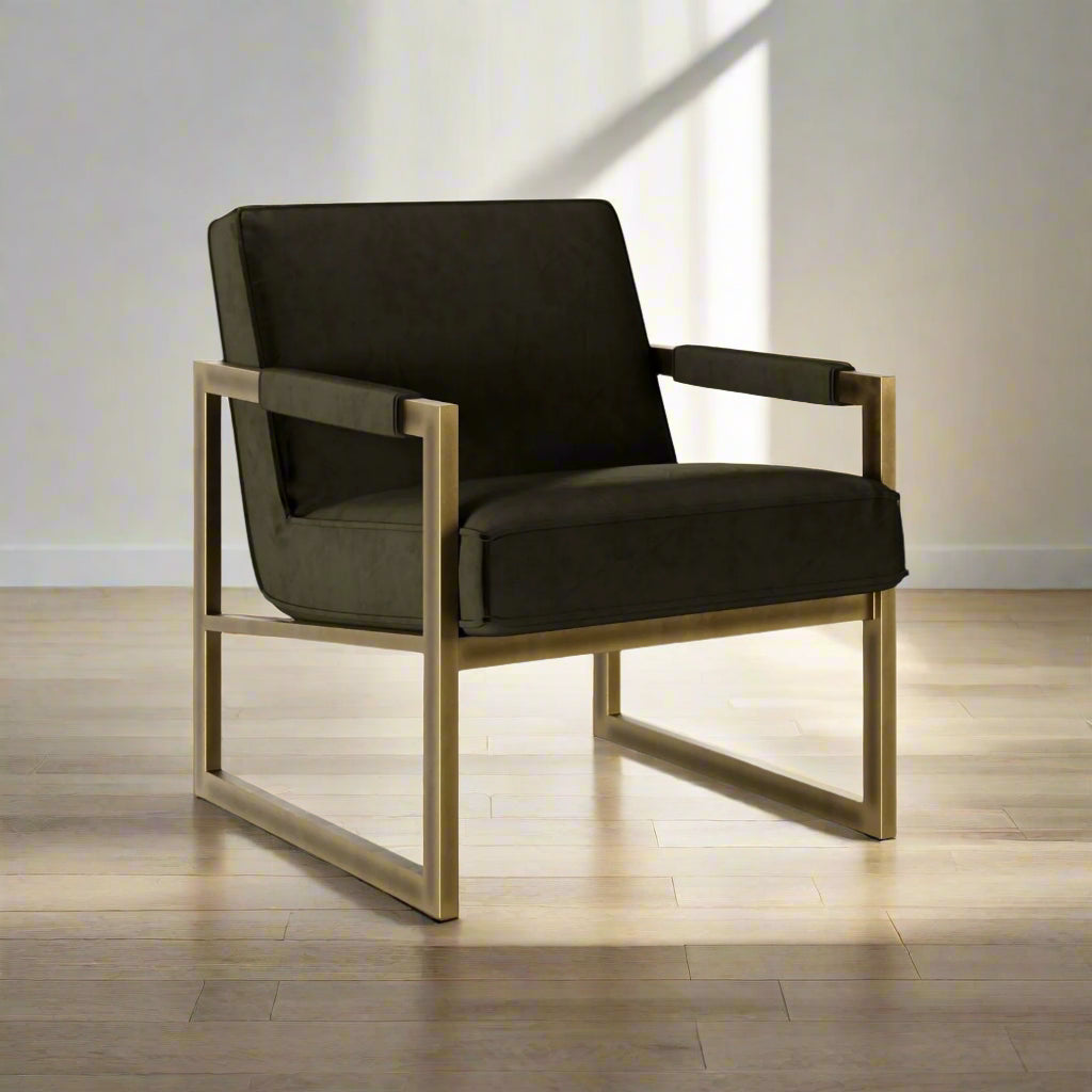 Shop the luxury Mickleton Club Chair by D.I. Designs, in luxurious olive chenille fabric and accented by a sleek, bronze-style frame. Shop online now at www.nobleandnook.co.uk