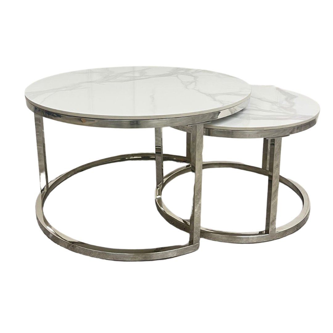 Nest of Two Silver Round Coffee Tables with Polar White Sintered Stone Tops