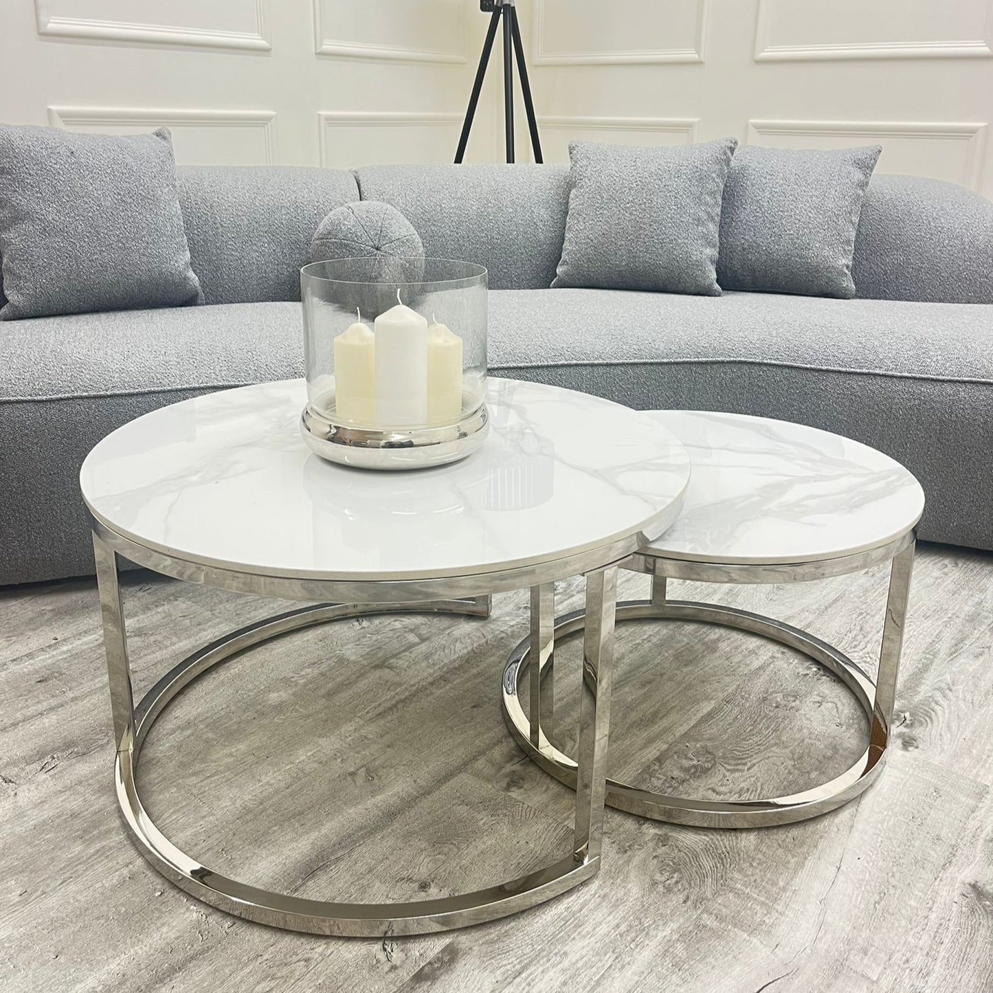 Nest of Two Silver Round Coffee Tables with Polar White Sintered Stone Tops