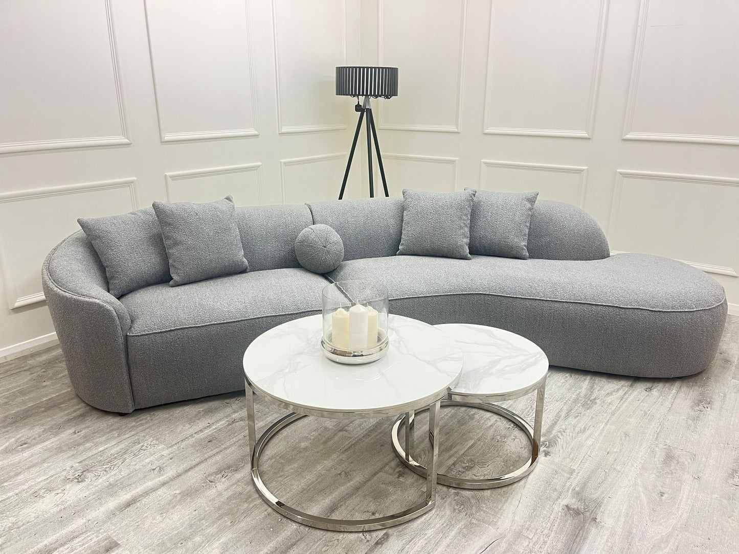 Nest of Two Silver Round Coffee Tables with Polar White Sintered Stone Tops