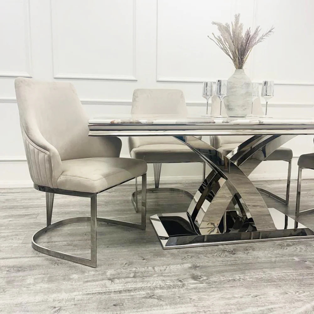 Chelmsford Velvet Dining Chairs, a stunning blend of modern design and luxurious comfort. These chairs are designed to make a statement. Shop online at www.nobleandnook.co.uk