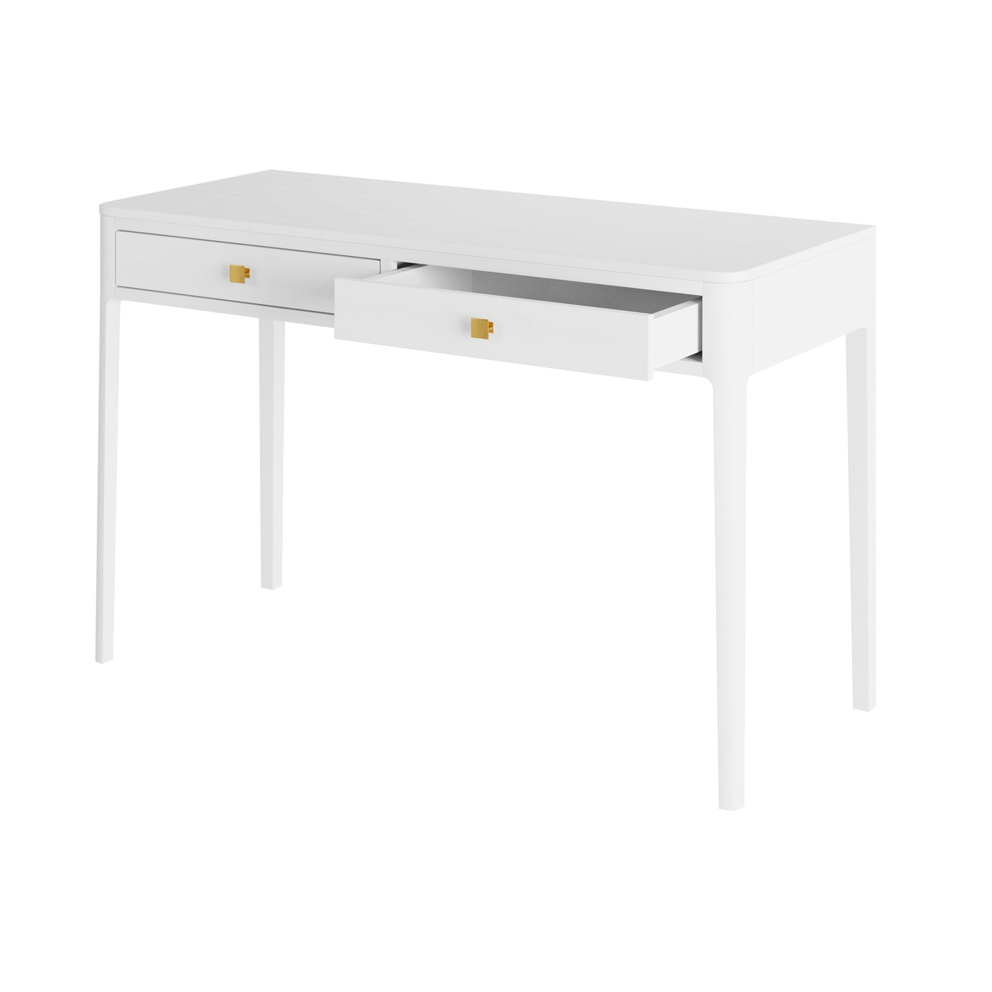 Elevate your workspace with the Abberley Dressing Table in stunning white stained solid oak and oak veneer with square brass style handles. Shop online today at www.nobleandnook.co.uk