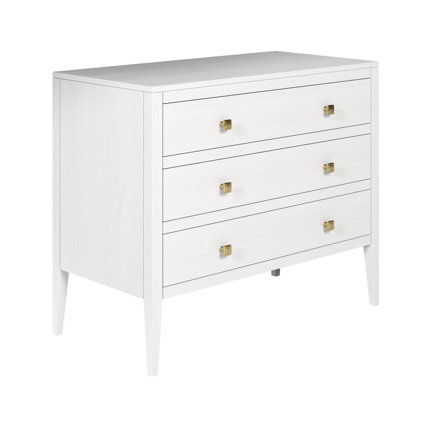 Shop the solid oak Radford Chest of Drawers in white solid oak with visible grain and brass square handles by D.I. Designs. FREE UK MAINLAND DELIVERY. Shop online now at www.nobleandnook.co.uk