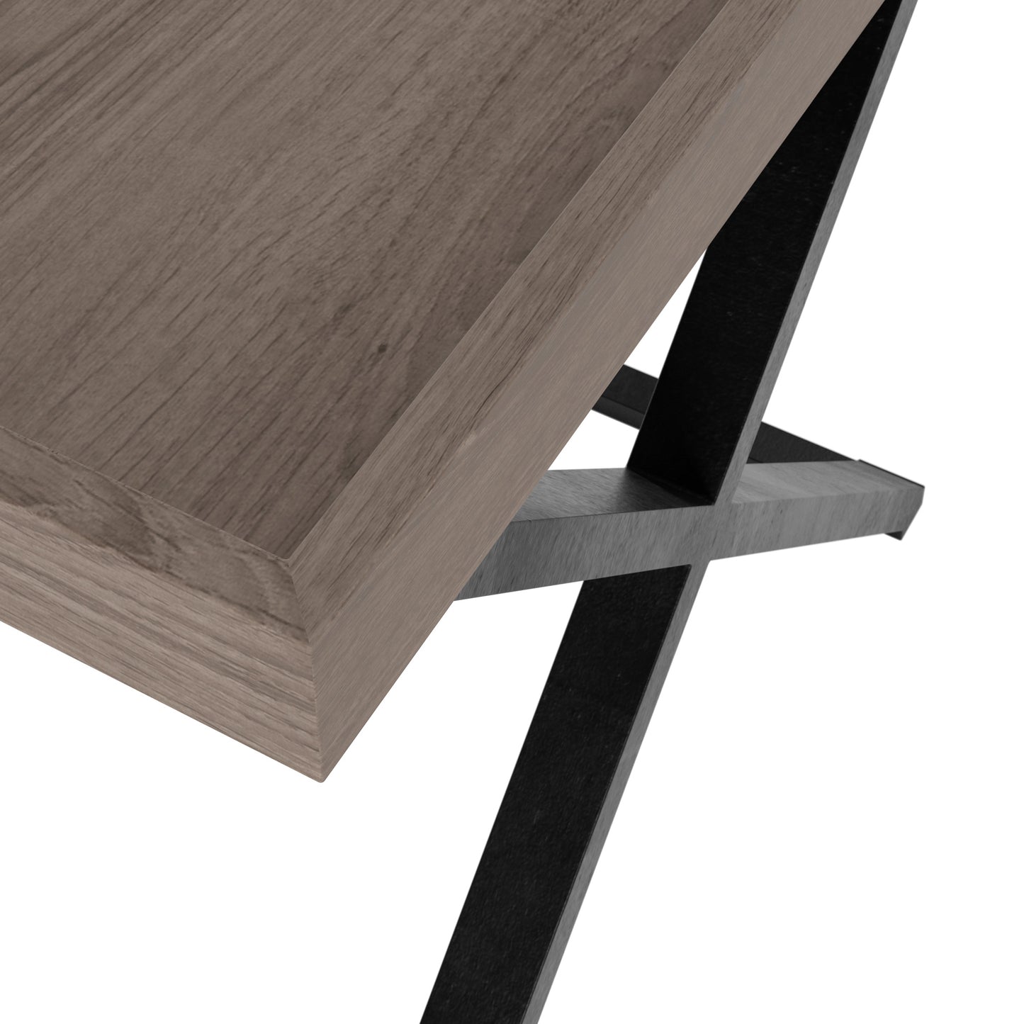 Rectangular end table in aged oak with crossed black metal legs and visible grain. Add a touch of elegance and modernity to any room. Shop online today at www.nobleandnook.co.uk