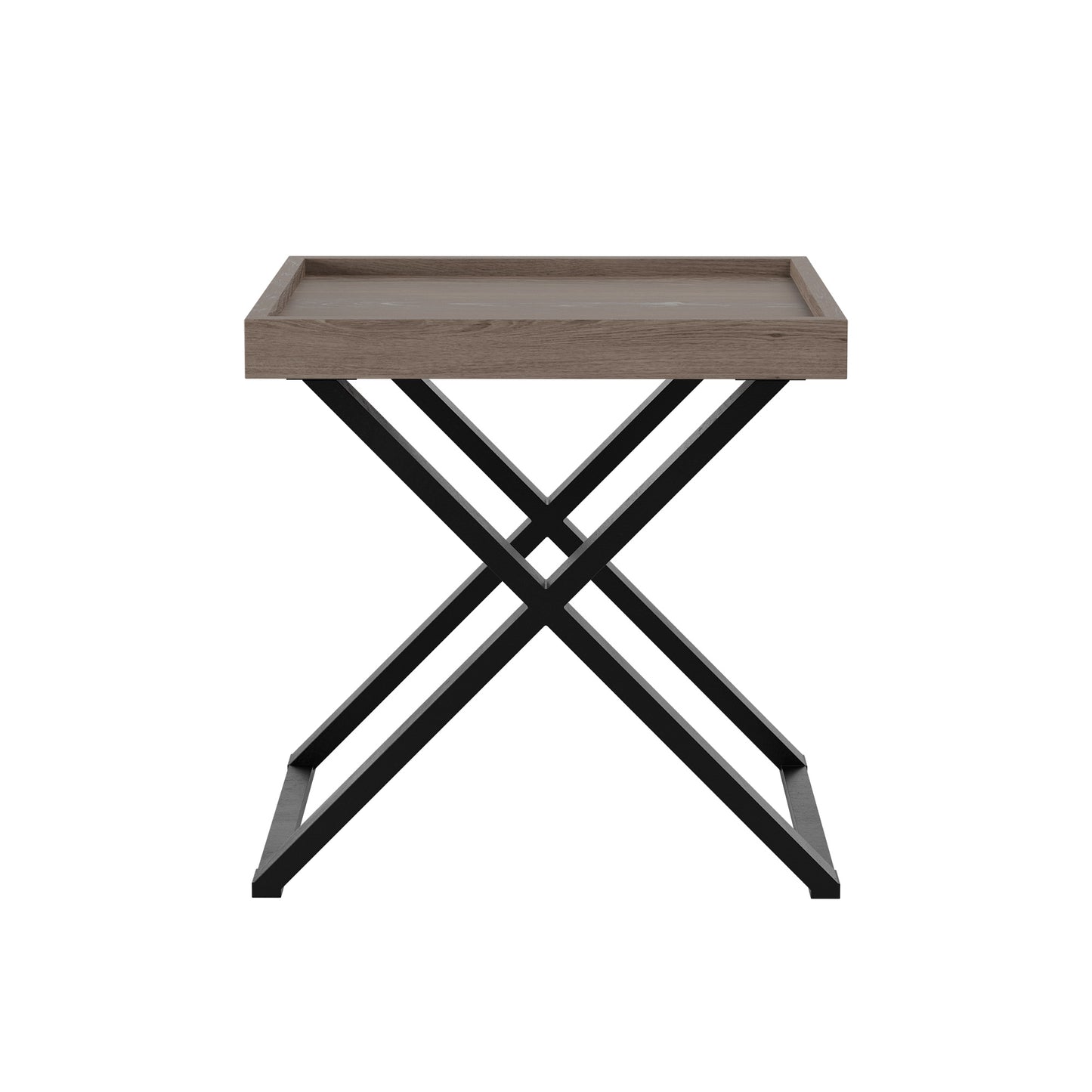 Rectangular end table in aged oak with crossed black metal legs and visible grain. Add a touch of elegance and modernity to any room. Shop online today at www.nobleandnook.co.uk