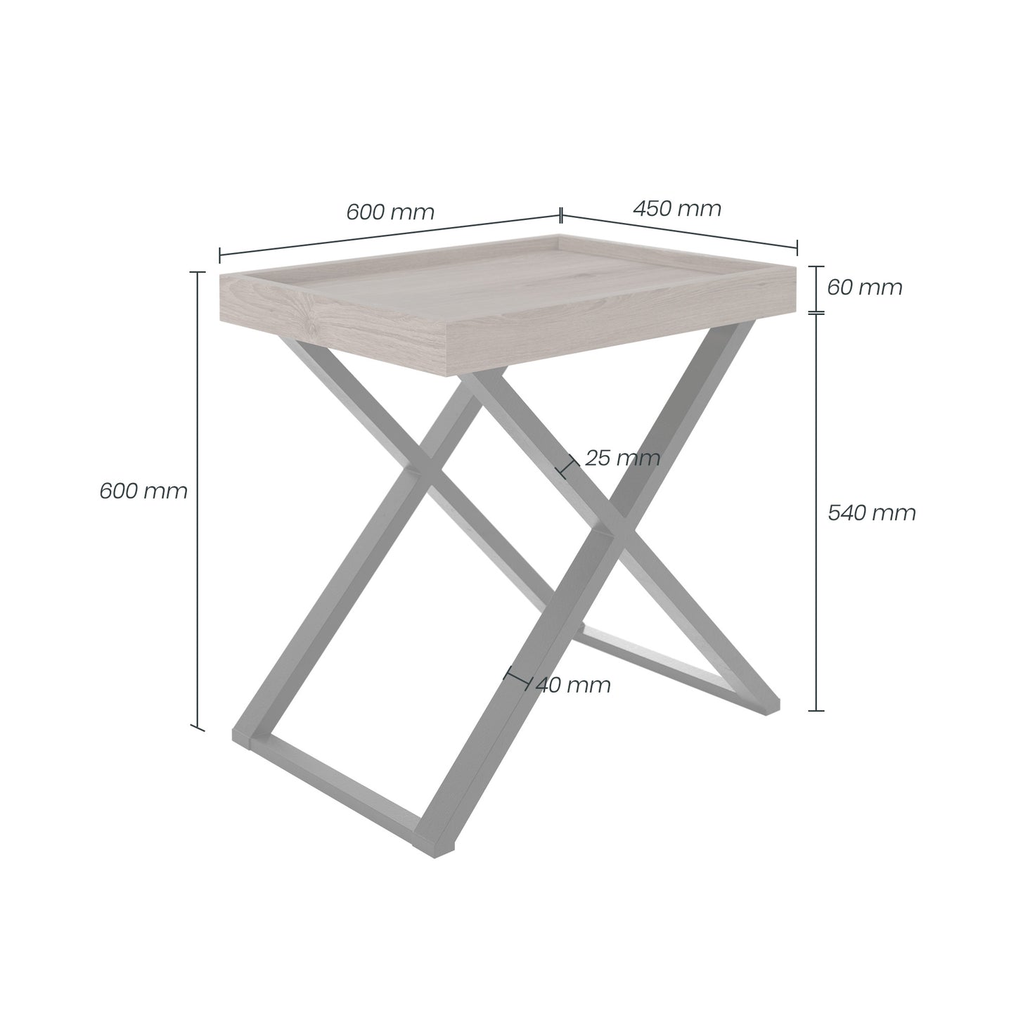 Rectangular end table in aged oak with crossed black metal legs and visible grain. Add a touch of elegance and modernity to any room. Shop online today at www.nobleandnook.co.uk