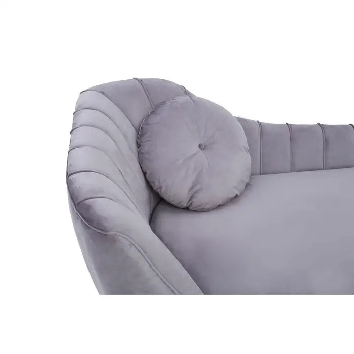 Elegant Left Arm Chaise Longue in plush Grey Velvet, expertly crafted to combine comfort and style, perfect addition to both modern and classic interiors. Shop online today at www.nobleandnook.co.uk