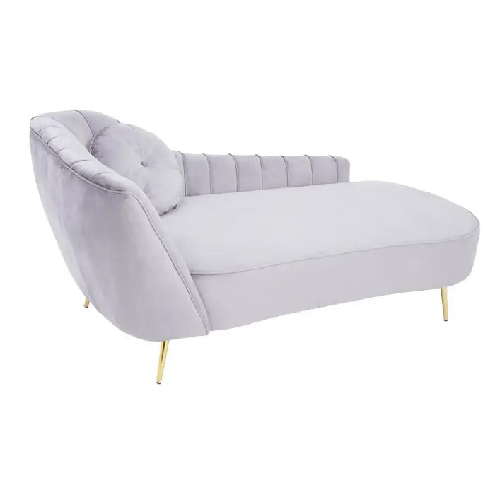 Elegant Left Arm Chaise Longue in plush Grey Velvet, expertly crafted to combine comfort and style, perfect addition to both modern and classic interiors. Shop online today at www.nobleandnook.co.uk