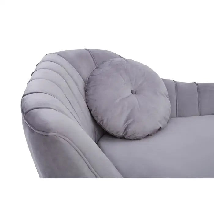 Elegant Left Arm Chaise Longue in plush Grey Velvet, expertly crafted to combine comfort and style, perfect addition to both modern and classic interiors. Shop online today at www.nobleandnook.co.uk