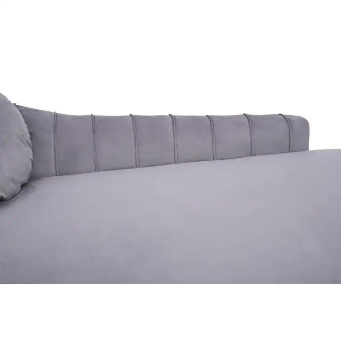Elegant Left Arm Chaise Longue in plush Grey Velvet, expertly crafted to combine comfort and style, perfect addition to both modern and classic interiors. Shop online today at www.nobleandnook.co.uk