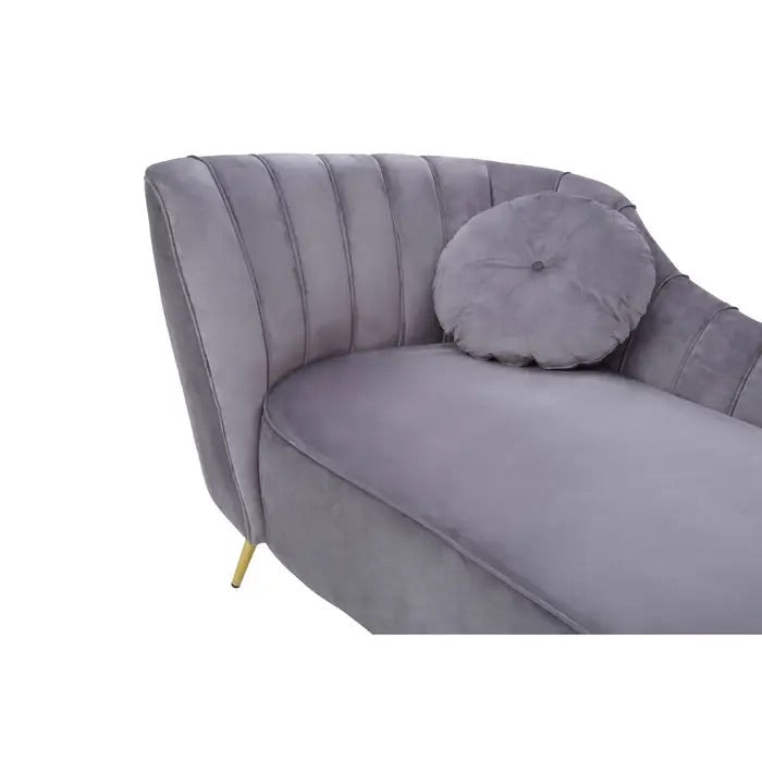 Elegant Left Arm Chaise Longue in plush Grey Velvet, expertly crafted to combine comfort and style, perfect addition to both modern and classic interiors. Shop online today at www.nobleandnook.co.uk