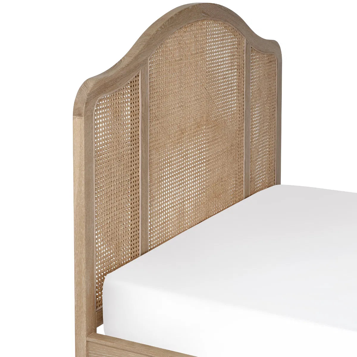 Shop the Château Rattan Bed in Light Oak, featuring an arched headboard and footboard with intricate rattan panelling. Free UK Mainland Delivery. Shop online todat at www.nobleandnook.co.uk