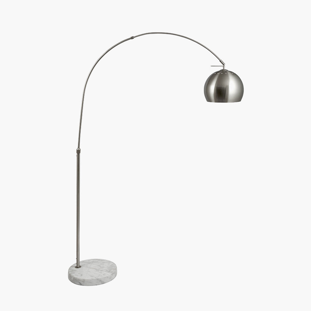 This exquisite floor lamp boasts a brushed silver finish and a solid white marble base, exuding sleek sophistication. FREE UK MAINLAND DELIVERY. Shop online now at www.nobleandnook.co.uk