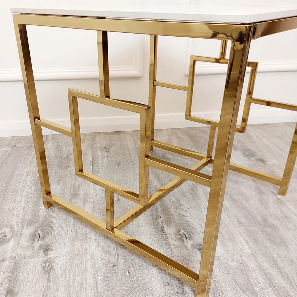 Modern Art Deco Styling – Gold Lamp Table with Polar White Sintered Top – a contemporary piece that blends bold design with practical use. W55xD55xH55cm. Shop online today at www.nobleandnook.co.uk