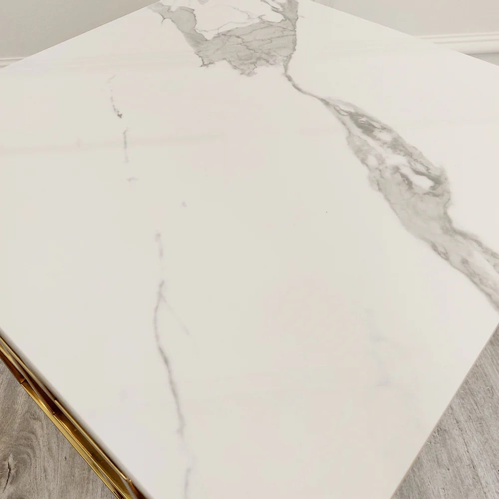 Modern Art Deco Styling – Gold Lamp Table with Polar White Sintered Top – a contemporary piece that blends bold design with practical use. W55xD55xH55cm. Shop online today at www.nobleandnook.co.uk