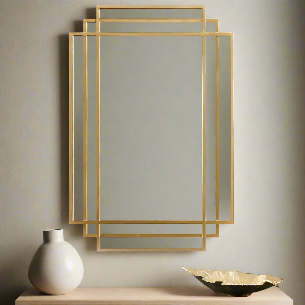 Shop this Gold Metal Art Deco Rectangular Wall Mirror, a timeless and elegant addition to your wall. FREE UK MAINLAND DELIVERY. Shop online now at www.nobleandnook.co.uk