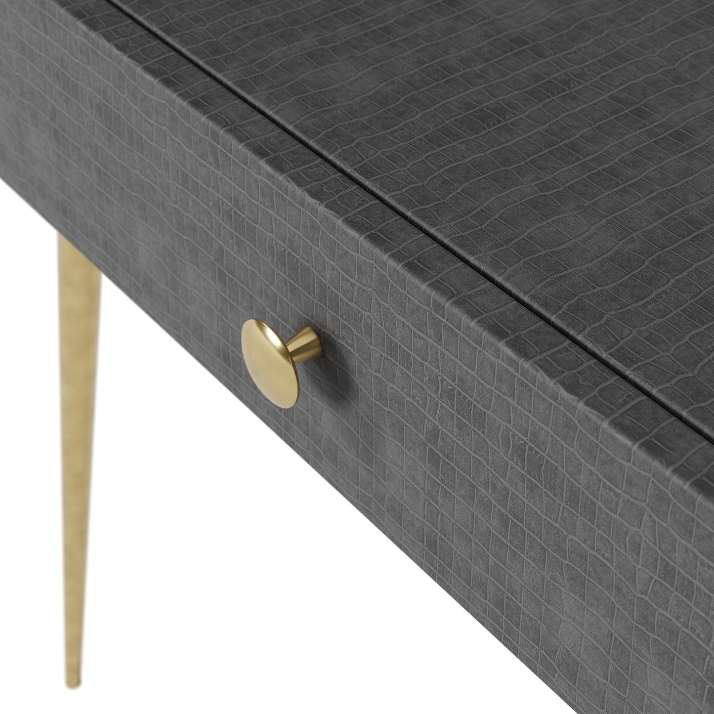 Shop the Greyshott 1 Drawer Bedside Table in a dark grey crocodile finish and gold legs by D.I. Designs. FREE UK Mainland Delivery. Shop online today at www.nobleandnook.co.uk