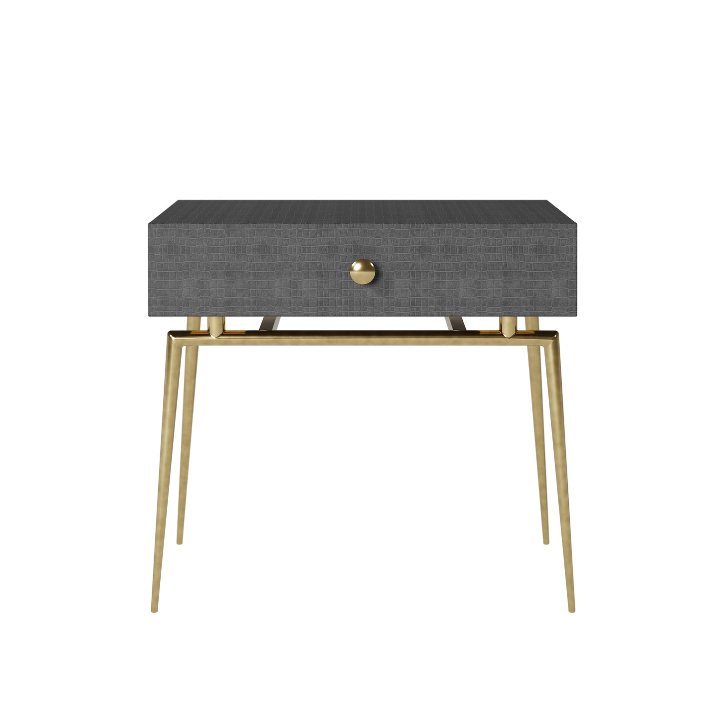 Shop the Greyshott 1 Drawer Bedside Table in a dark grey crocodile finish and gold legs by D.I. Designs. FREE UK Mainland Delivery. Shop online today at www.nobleandnook.co.uk