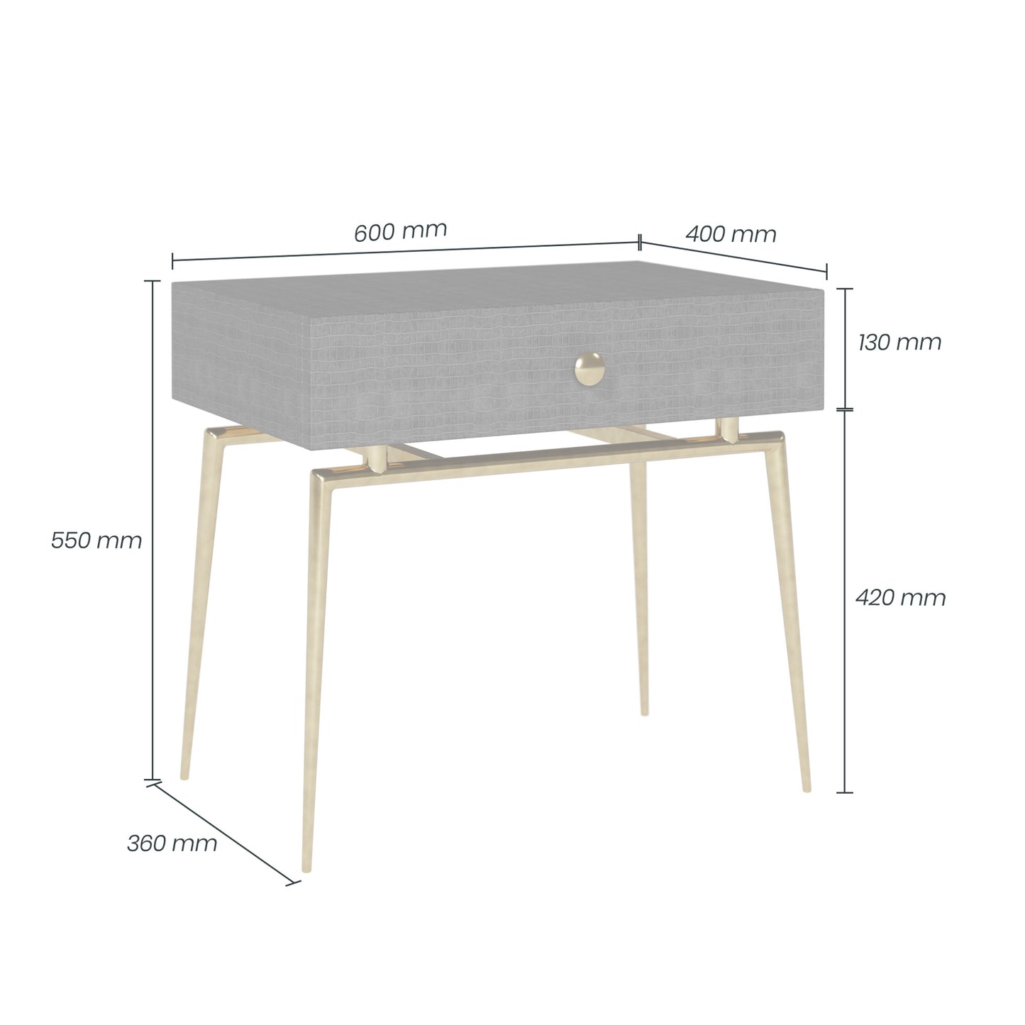 Shop the Greyshott 1 Drawer Bedside Table in a dark grey crocodile finish and gold legs by D.I. Designs. FREE UK Mainland Delivery. Shop online today at www.nobleandnook.co.uk