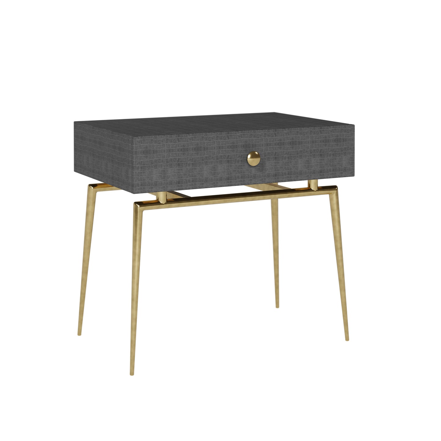 Shop the Greyshott 1 Drawer Bedside Table in a dark grey crocodile finish and gold legs by D.I. Designs. FREE UK Mainland Delivery. Shop online today at www.nobleandnook.co.uk