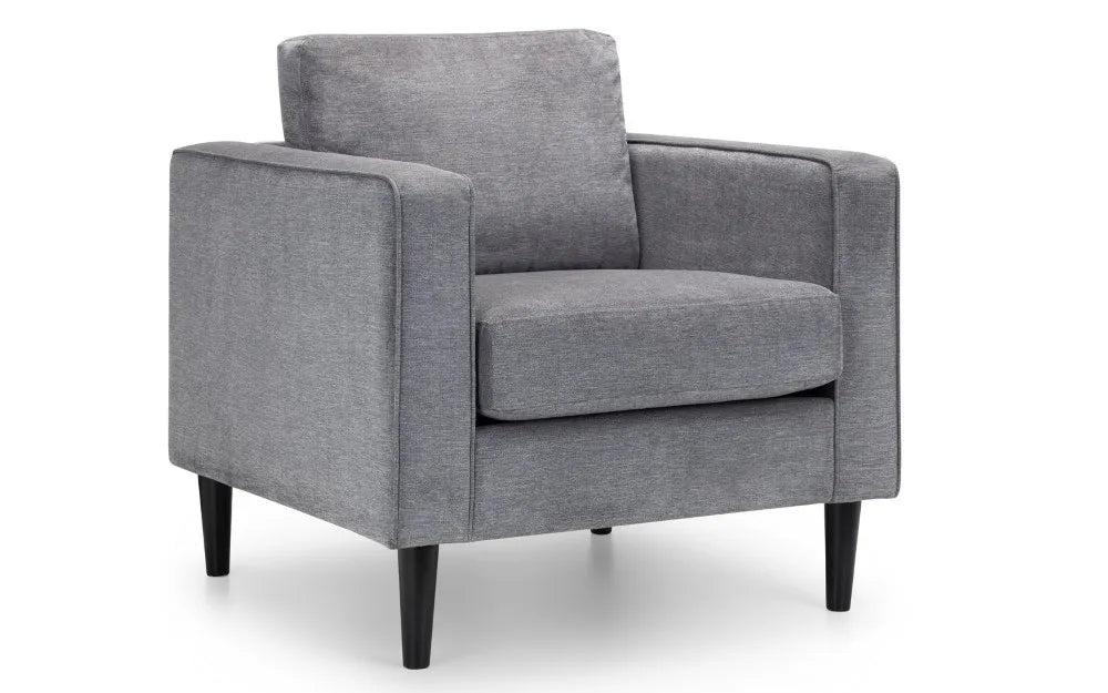 Shop the Hayward Armchair in Grey Chenille Fabric. A contemporary design and is perfect for any modern living space. Shop online now at www.nobleandnook.co.uk