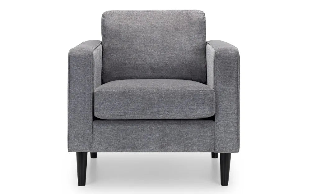 Shop the Hayward Armchair in Grey Chenille Fabric. A contemporary design and is perfect for any modern living space. Shop online now at www.nobleandnook.co.uk