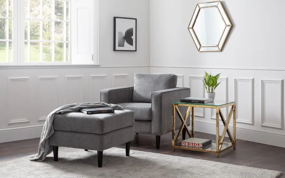 Shop the Hayward Armchair in Grey Chenille Fabric. A contemporary design and is perfect for any modern living space. Shop online now at www.nobleandnook.co.uk