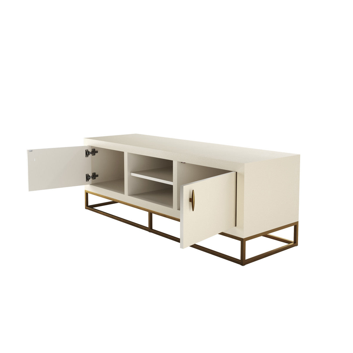 Introducing the Hampton TV Unit in luxurious Ivory shagreen, perfect for your TV and media needs. The elegant two-door design showcases brass style handles and base, while the fixed shelving offers ample space for all your entertainment essentials. Elevate your living space with this sophisticated and exclusive piece. Available at www.nobleandnook.co.uk