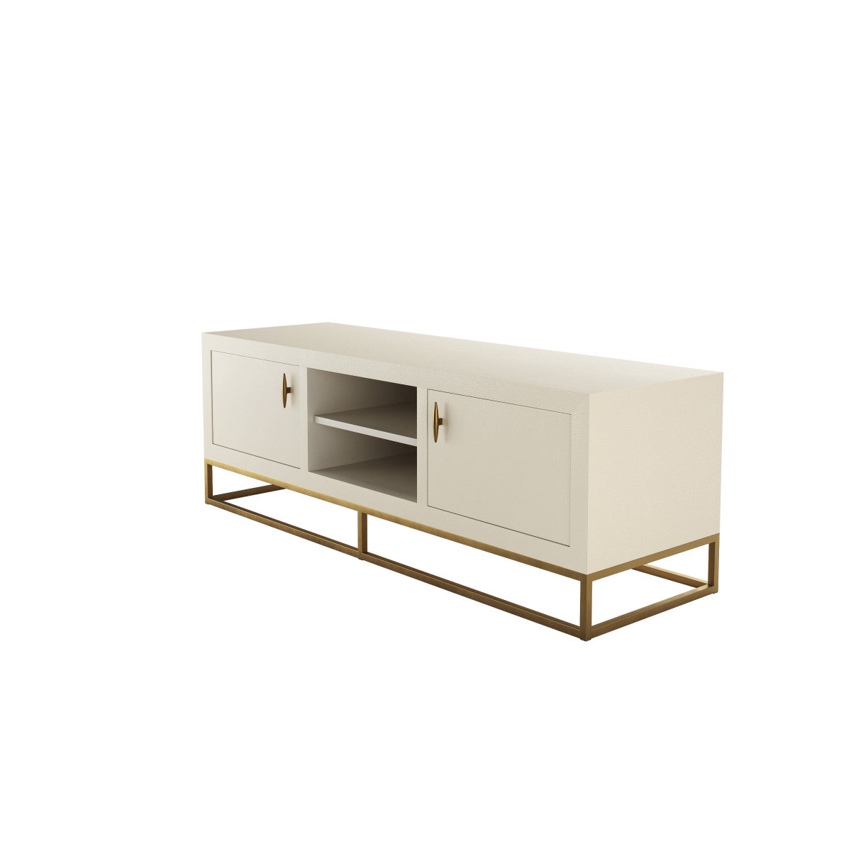 Introducing the Hampton TV Unit in luxurious Ivory shagreen, perfect for your TV and media needs. The elegant two-door design showcases brass style handles and base, while the fixed shelving offers ample space for all your entertainment essentials. Elevate your living space with this sophisticated and exclusive piece. Available at www.nobleandnook.co.uk