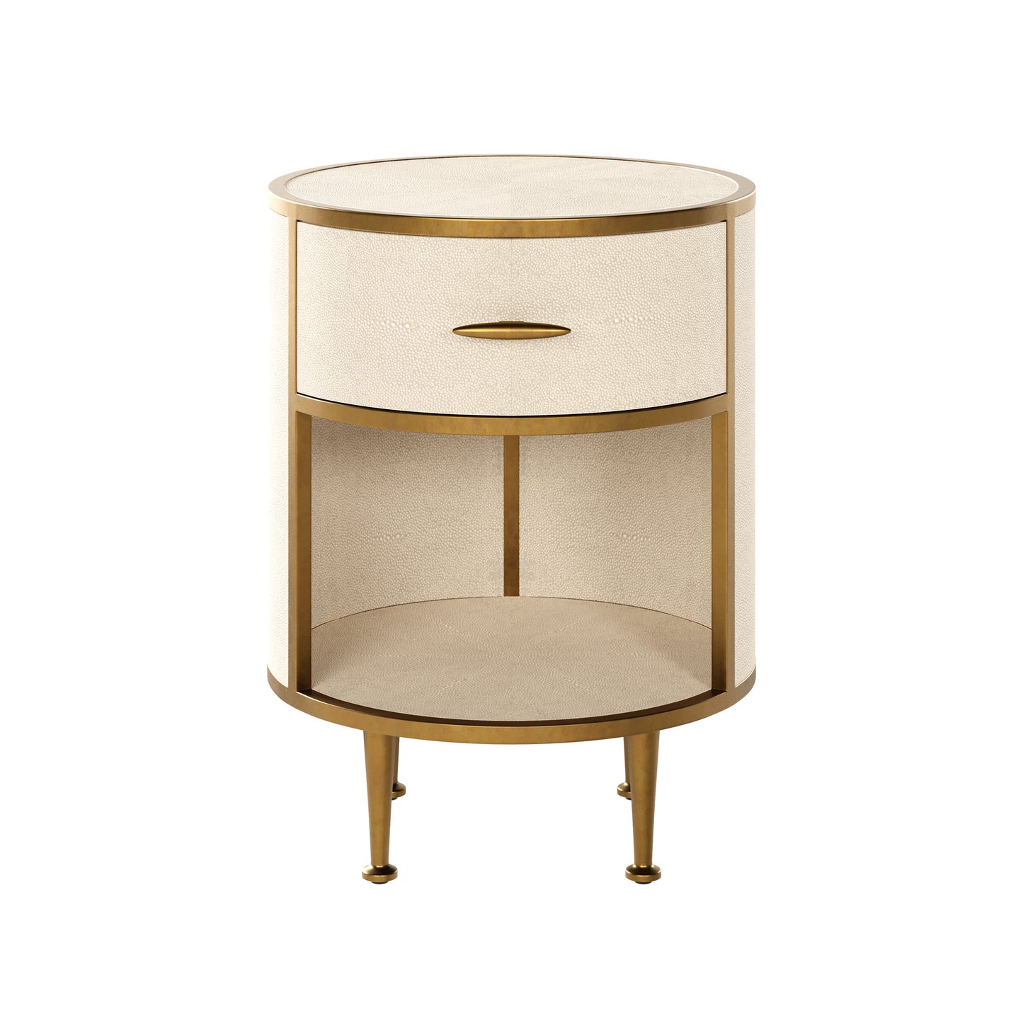 The Hampton Bedside Table features a sleek round design with a single drawer, crafted in ivory faux shagreen and brass accents. Shop online now at www.nobleandnook.co.uk