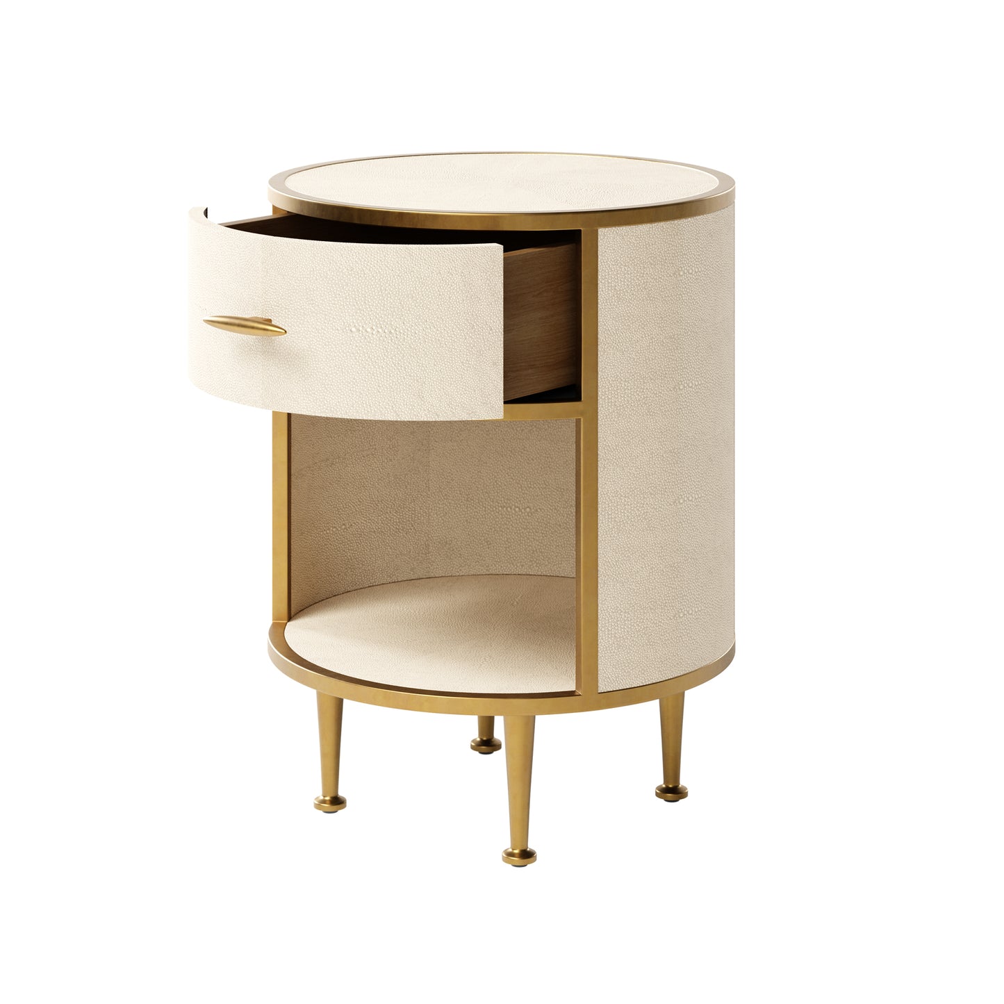The Hampton Bedside Table features a sleek round design with a single drawer, crafted in ivory faux shagreen and brass accents. Shop online now at www.nobleandnook.co.uk