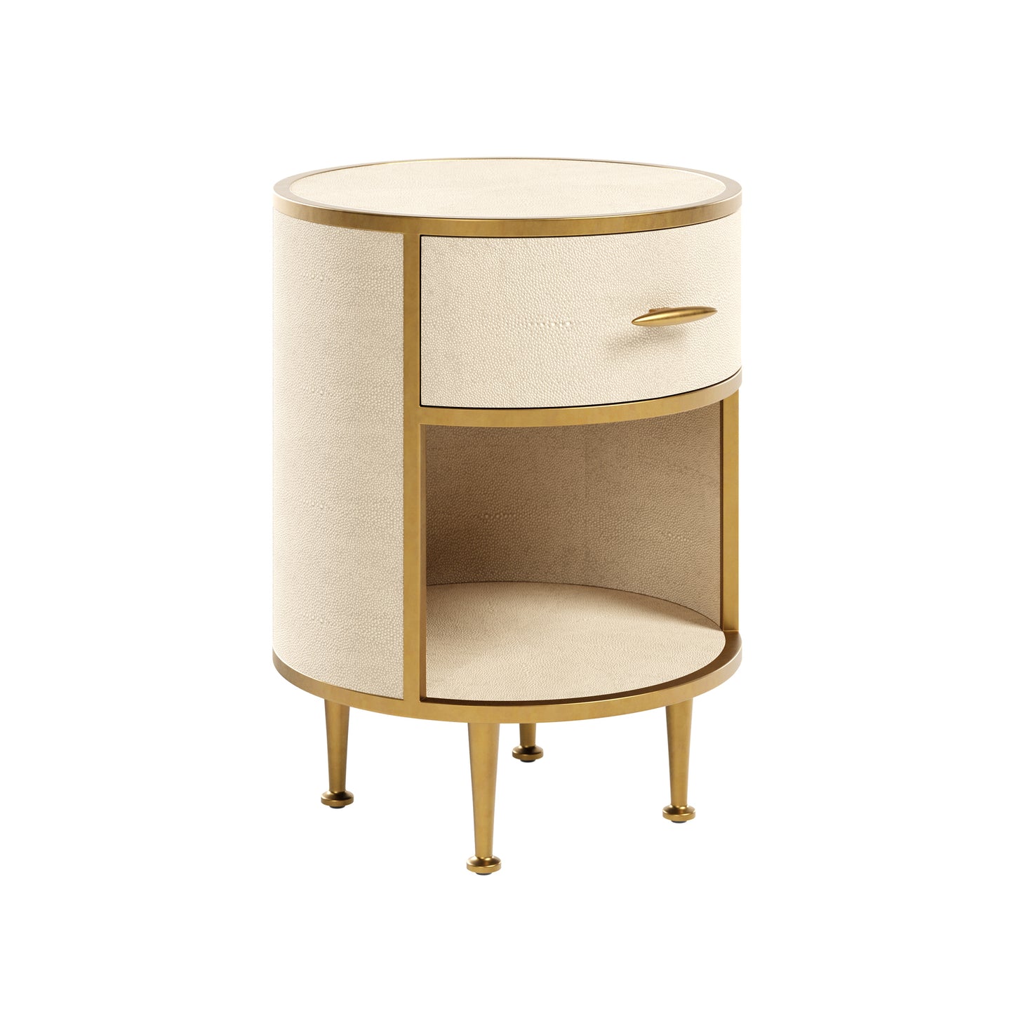 The Hampton Bedside Table features a sleek round design with a single drawer, crafted in ivory faux shagreen and brass accents. Shop online now at www.nobleandnook.co.uk