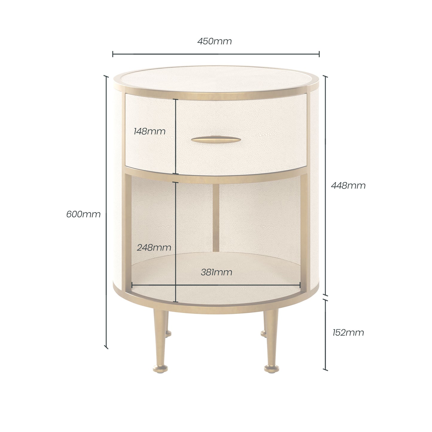 The Hampton Bedside Table features a sleek round design with a single drawer, crafted in ivory faux shagreen and brass accents. Shop online now at www.nobleandnook.co.uk