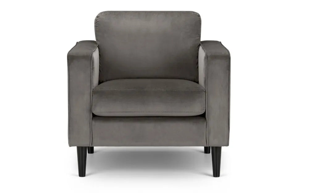 Shop the Hayward Armchair in Grey Velvet, features a deep pile grey velvet that is both elegant and luxurious. A stylish and comfortable addition to any home. Shop online now at www.nobleandnook.co.uk
