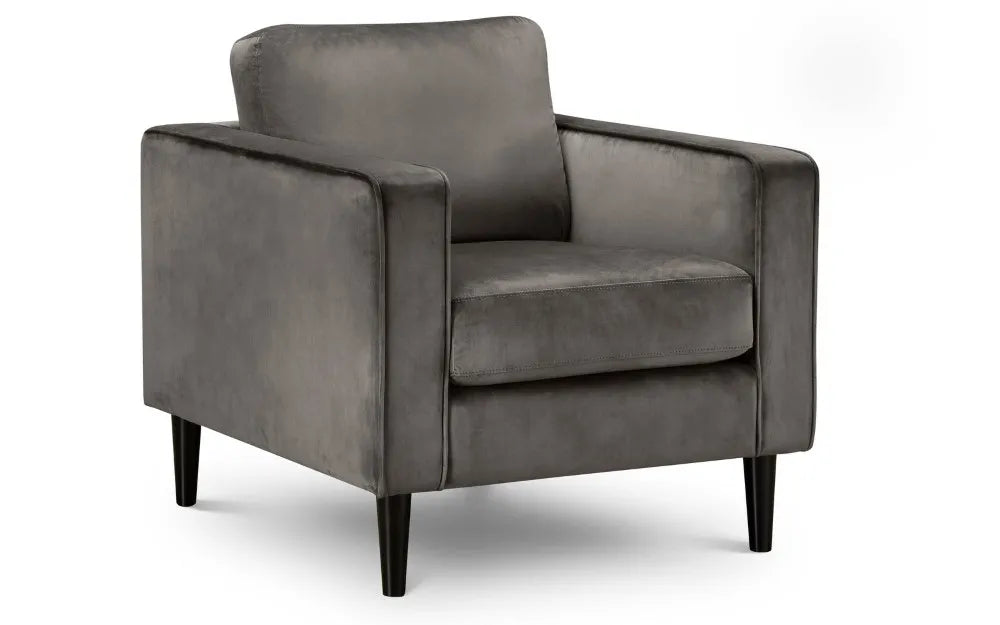 Shop the Hayward Armchair in Grey Velvet, features a deep pile grey velvet that is both elegant and luxurious. A stylish and comfortable addition to any home. Shop online now at www.nobleandnook.co.uk