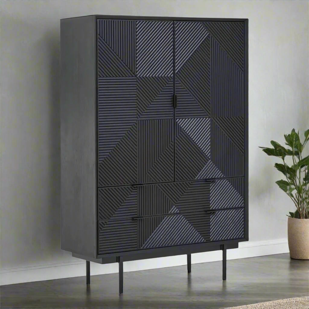 Shop the Obsidian Black Geometric Wooden Cabinet, a sophisticated blend of rustic charm and modern design. FREE UK Mainland Delivery Shop online today at www.nobleandnook.co.uk