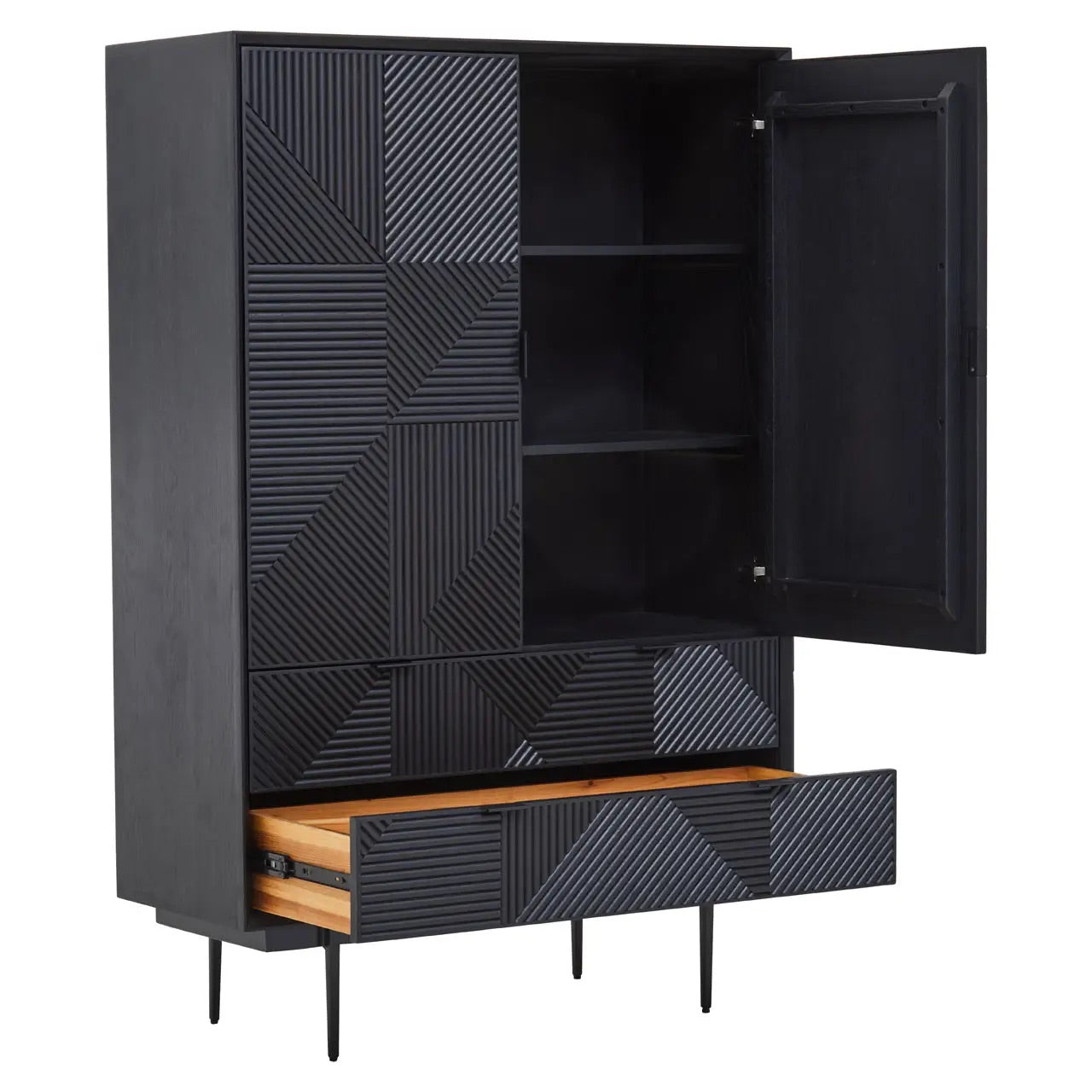 Shop the Obsidian Black Geometric Wooden Cabinet, a sophisticated blend of rustic charm and modern design. FREE UK Mainland Delivery Shop online today at www.nobleandnook.co.uk