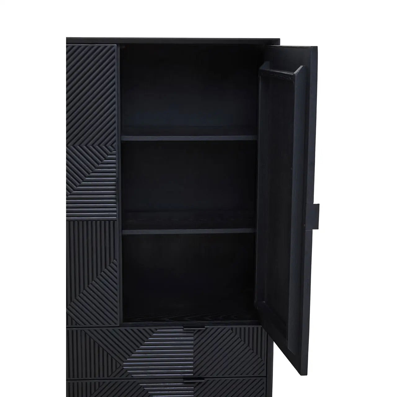 Shop the Obsidian Black Geometric Wooden Cabinet, a sophisticated blend of rustic charm and modern design. FREE UK Mainland Delivery Shop online today at www.nobleandnook.co.uk