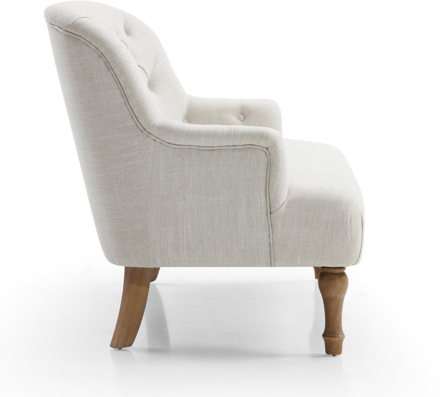 Shop the Bianca 2-Seater Chair, combining classic elegance with superior comfort. Featuring a plump seat, eye-catching tufted back, and traditional washed wooden legs. Shop online at www.nobleandnook.co.uk