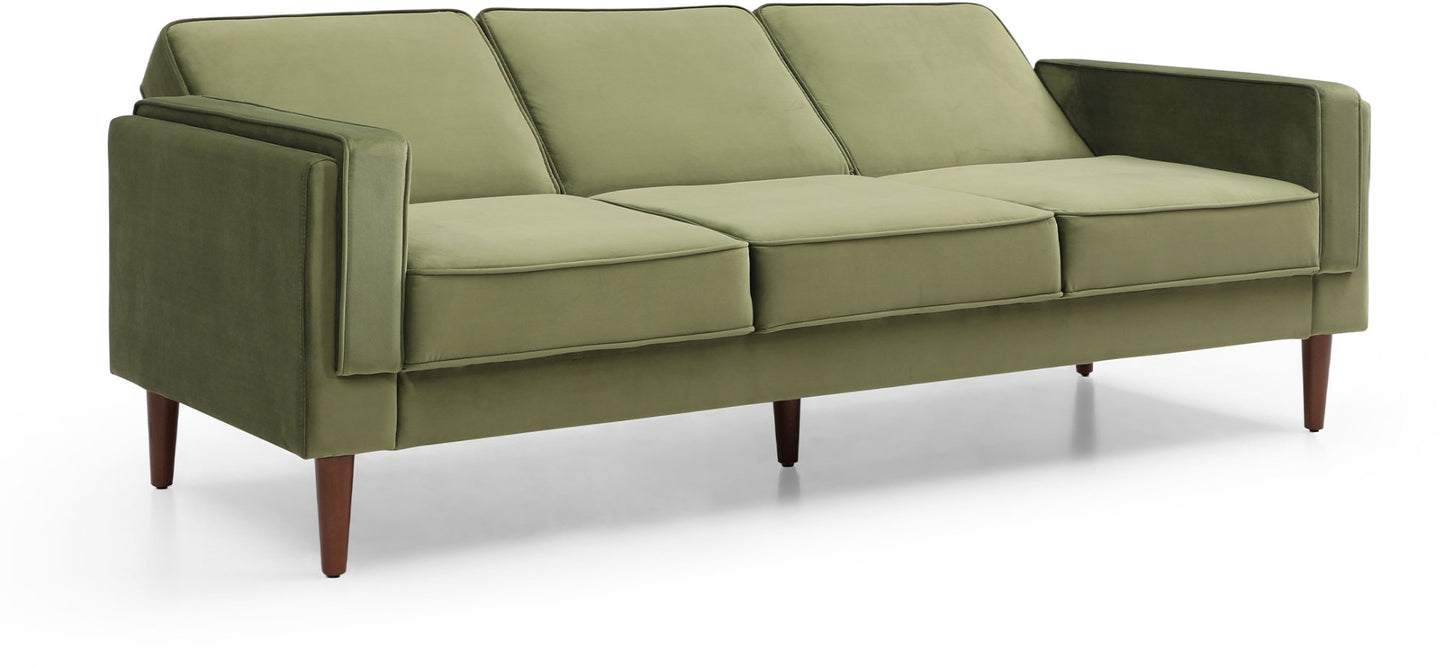 Shop the Paolo Sofa Bed in Olive Green Velvet, a versatile piece that transitions effortlessly from a comfortable sofa to a practical bed, perfect for guests or compact living spaces. Shop online today at www.nobleandnook.co.uk