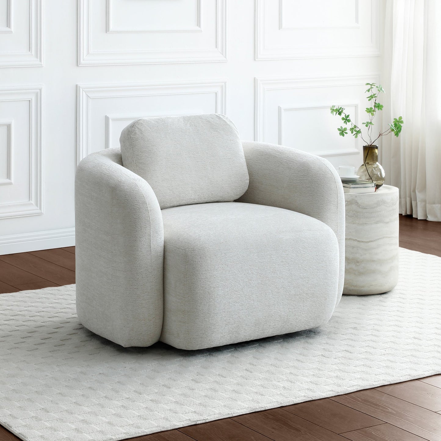 Mitch Max Curve Swivel Accent Chair in Distressed Olive Chenille or Natural Soft Chenille