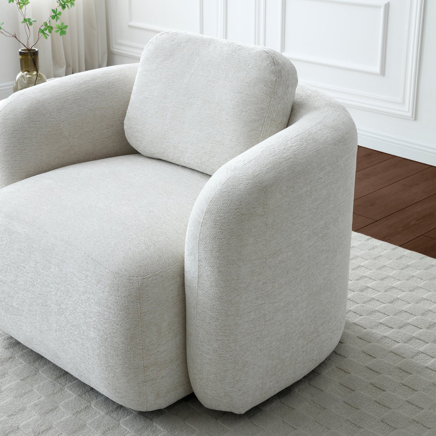 Mitch Max Curve Swivel Accent Chair in Distressed Olive Chenille or Natural Soft Chenille