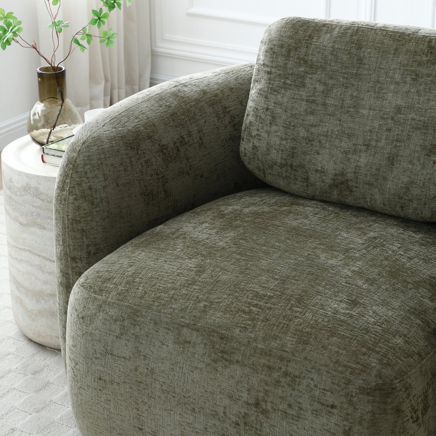 Mitch Max Curve Swivel Accent Chair in Distressed Olive Chenille or Natural Soft Chenille